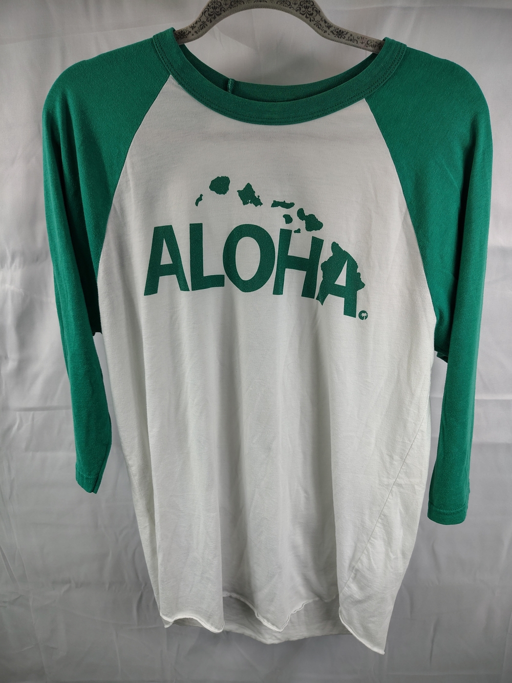 Vintage Local Motion Hawaii ALOHA White & Green Raglan 3/4 Sleeve Baseball Tee L